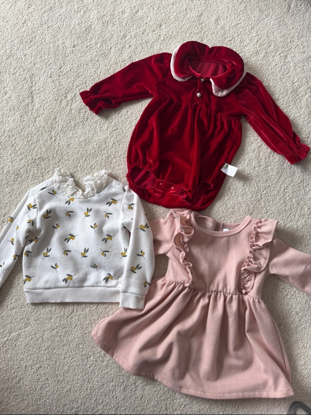 Baby Velvet Red Romper + Pink Ruffle Dress + White Floral Sweater Set
